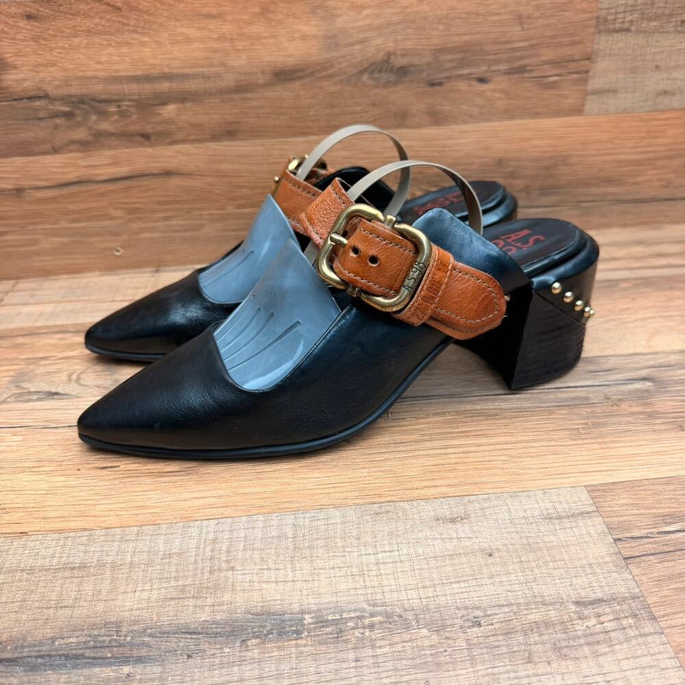 AS 98 Black Wo’s 7.5-8 38 Leather Pointed Toe Slingback Heels Dress Shoes
